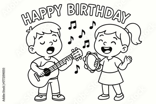 Musical Birthday Celebration. Musical instruments birthday song children?s coloring book illustration, outlined drawing, kids playing guitar and tambourine