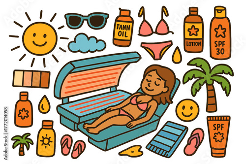 Colorful Tanning Doodles. Tanning. Colorful Hand-drawn doodle Children illustration Tanning sunbed, sunglasses, beach, lotion, tanning oil bottle, bikini, sun,