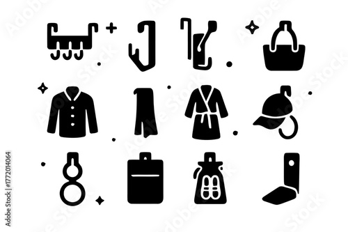 Door Hook Icons. Small space door hooks. Solid icons set of Small space door hooks: over-door rack, slim hook, foldable hook, tote bag, coat, towel, bathrobe,