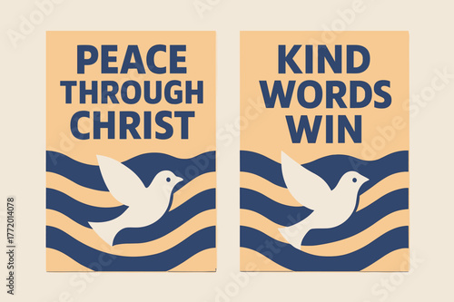 Christ's Peace Banners. Peace of Christ. Two vertical A6 banners with safe margins, centered composition, no elements touching edges, geometric, indigo and