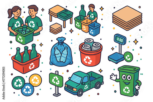 Recycling Drive Icons. Neighborhood recycling drive. Colorful isometric vector icons set of neighborhood recycling drive: volunteers, sorting table, paper