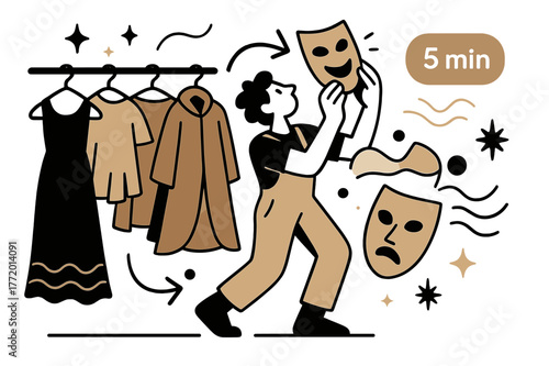 Backstage Serenity. Amphitheater ? Backstage Calm. Costumes hang in tidy rows; a stagehand adjusts a mask while a tiny ? min? callout glows. Soft sound waves