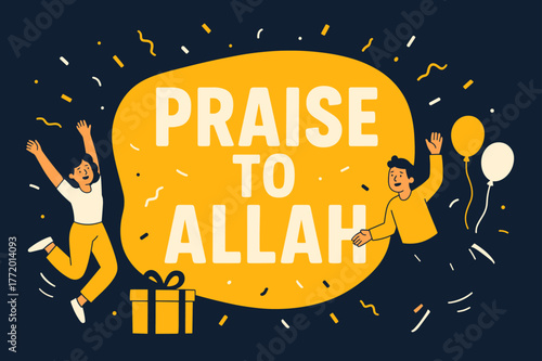 Festive Celebration Banner. Praise to Allah banner, flat vector illustration, bold oversized text inside rounded blob, cartoon characters jumping and waving