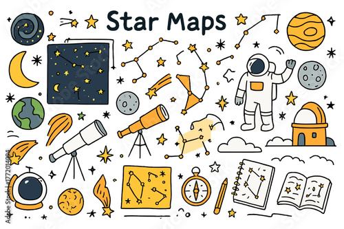 Celestial Exploration Doodle. Star maps. Hand-drawn doodle illustration constellations (colored), stars (colored), planets (colored), moon (colored), telescope