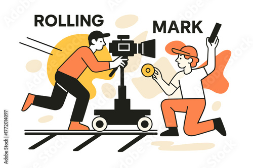Dolly Rehearsal Scene. Behind-the-scenes filming ? Dolly rehearsal. A camera glides on rails; motion lines sweep as a focus puller tracks the marks. ?ROLLING?