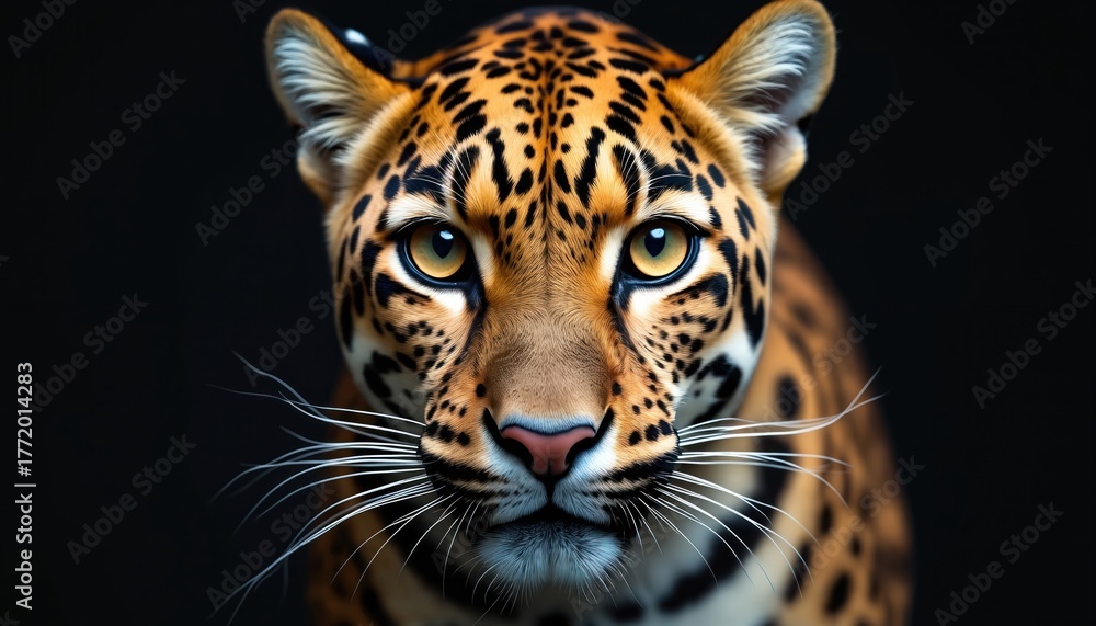 Fototapeta premium Majestic Amur leopard close-up portrait isolated on black. Big cat looks intensely with piercing yellow eyes. Wild predator animal beautiful spotted fur patterns. Focused gaze of endangered species,