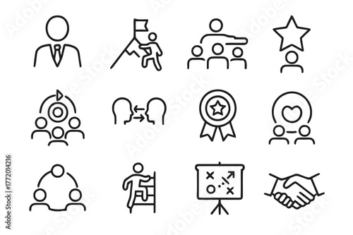 Leadership Icon Set. Leadership and Team Building. Line icon set of Leadership and Team Building: leader figure, mountain flag, coaching hand, training group,