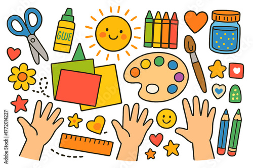 Creative Crafting Fun. Arts and crafts time. Colorful Hand-drawn doodle Children illustration Arts and crafts time scissors, glue stick, crayons, colored