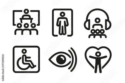 Inclusive Event Icons. Audience Accessibility. Set Logo of Inclusive Event Icon: Minimal outline, Negative space, Flat solid, Symmetrical form, Stylized