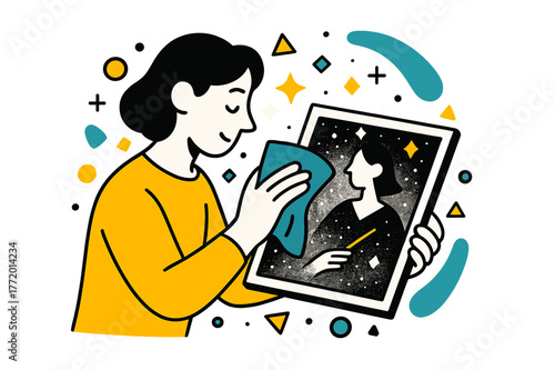 Clearing Dust Memories. Dusty Photograph. Person gently cleaning a dusty photograph with floating abstract geometric particles and soft highlights, reflective