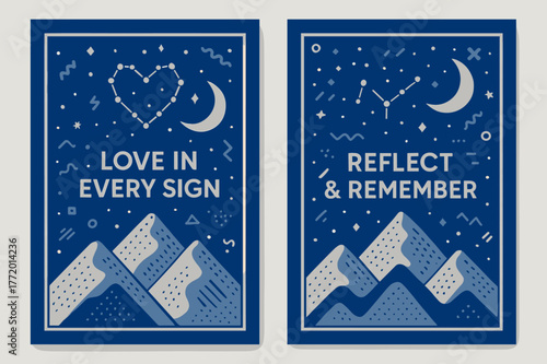 Celestial Love Banners. Signs in Nature (Ayat). Two vertical A6 banners with safe margins, centered composition, no elements touching edges, memphis, sapphire