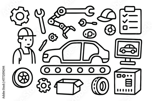Automotive Assembly Icons. Automotive assembly. Hand-drawn doodle illustration car frame, wheels, worker, wrench, robotic arm, gear, screwdriver, safety