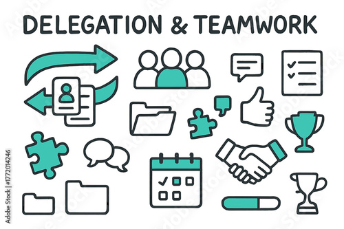 Delegation & Teamwork Doodle. // Delegation & teamwork. Hand-drawn doodle illustration Delegation & teamwork [handoff arrows (accented), group