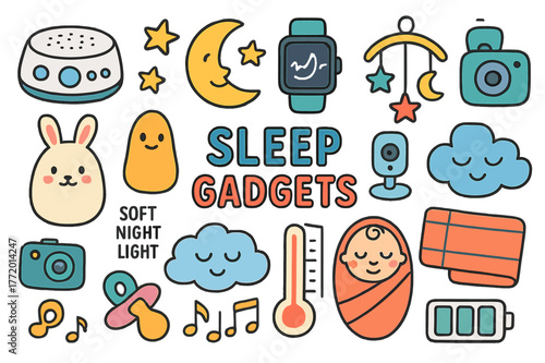 Colorful Sleep Gadgets. Sleep gadgets. Colorful Hand-drawn doodle Children illustration Sleep gadgets white noise machine, soft night light, sleep tracker,