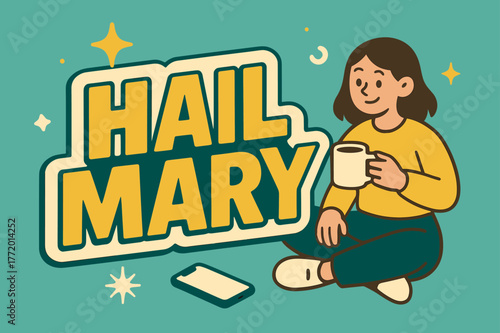 Hail Mary Banner Design. Hail Mary banner, flat vector illustration, bold oversized text inside sticker outline banner, cartoon characters sitting and holding