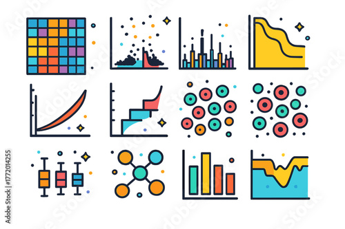Colorful Biology Charts. Biology data charts. Colorful isometric vector icons set of Biology data charts: gene expression heatmap, volcano plot, Manhattan