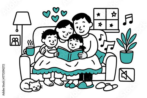 Cozy Family Time. Family cuddle time. Hand-drawn doodle illustration family cuddle time sofa (accented), blanket, heart cluster (accented), storybook, hot