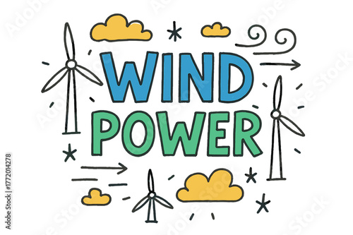Playful Wind Power Doodle. Wind Power ? Doodle / Sketch; lettering: playful hand-drawn with rough sketch outlines; layout: casual with arrows and stars;