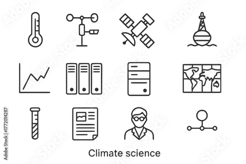 Climate Science Icons. Climate science. Line icon set of climate science: thermometer, weather station, satellite, ocean buoy, line graph, supercomputer, data