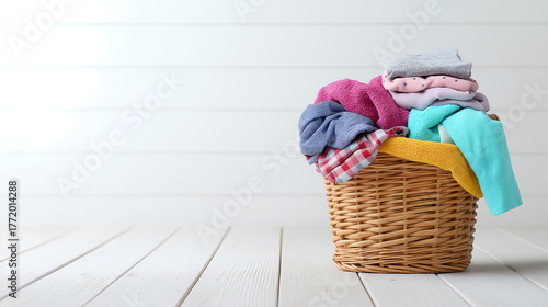 Wicker basket full of colorful clean laundry on a white wooden floor with copy space