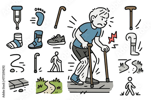 Injured Walker Illustration. Limping motion. Hand-drawn doodle illustration person walking (colored), uneven stride (colored), crutch (colored), cane