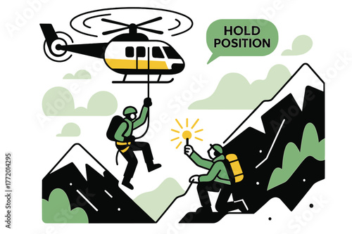 Cliffside Rescue Mission. Mountain Search & Rescue. A helicopter hovers beside a snowy ridge as a rescuer lowers on a line; a flare of orange marks the