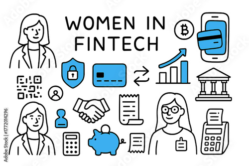 Women in Fintech Doodles. // Women in fintech. Hand-drawn doodle illustration Women in fintech [credit card (accented), mobile wallet (accented), crypto coin,