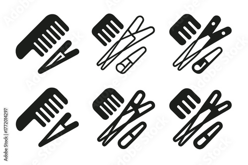 Haircut Logo Variations. Haircutting comb and clips. Set Logo of Haircutting comb and clips: Pair of sectioning clips. Icon set. harmonious logo variations of