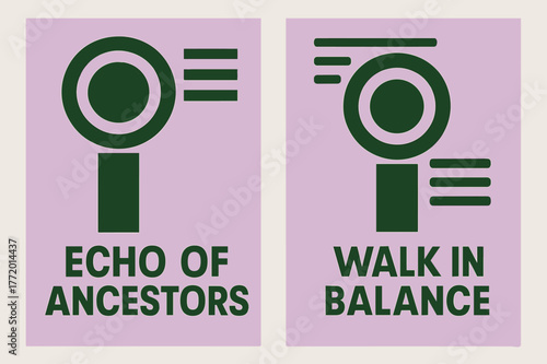 Ancestral Drum Banners. Ancestral Drum. Two vertical A6 banners with safe margins, centered composition, no elements touching edges, bauhaus, lavender and
