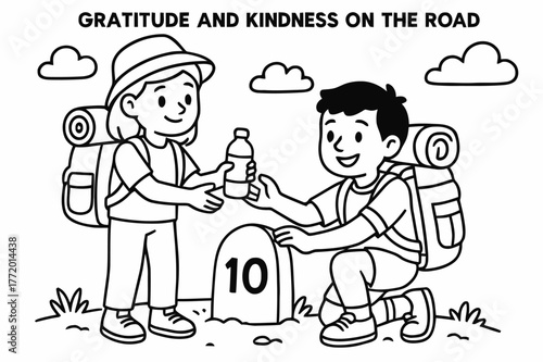 Helpful Travelers Illustration. Gratitude and kindness on the road children?s coloring book illustration, outlined drawing, travelers sharing water and helping