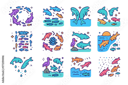 School Feeding Strategies. Feeding strategies in schools. Colorful isometric vector icons set of Feeding strategies in schools: corralling baitfish, surface
