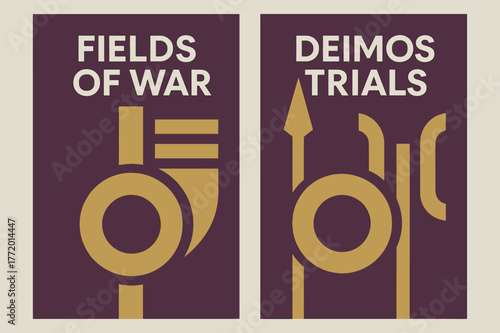 Marsfield Battle Banners. Marsfield Panic. Two vertical A6 banners with safe margins, centered composition, no elements touching edges, bauhaus, plum and gold,