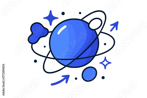 Dynamic Geometric Motion. Sphere. Sphere with orbiting abstract shapes, sparkles, and arrows; conveys science, technology, and motion. Modern flat vector scene