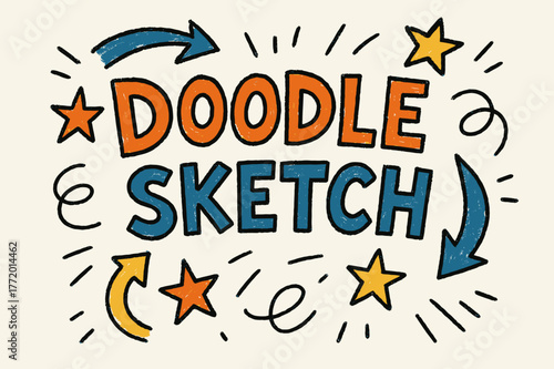 Playful Doodle Art. Doodle Sketch with playful hand-drawn letters, rough sketch outlines, arrows, stars, casual youthful layout, # #FF7B00 #FFD500 #.