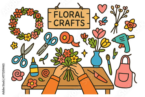 Floral Crafts Booth. Floral crafts booth. Colorful Hand-drawn doodle Children illustration Floral crafts booth wreath, scissors, ribbon, glue gun, dried