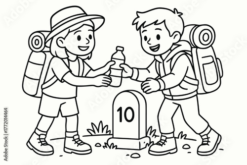 Travelers Sharing Kindness. Gratitude and kindness on the road children?s coloring book illustration, outlined drawing, travelers sharing water and helping