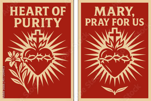 Radiant Heart Banners. Immaculate Heart. Two vertical A6 banners with safe margins, centered composition, no elements touching edges, bold, red and beige,
