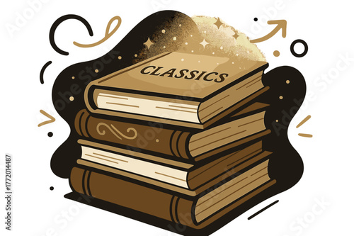 Vintage Books Glow. Antique Books. A stack of weathered books glows under soft light; golden dust motes float around the spines. The top cover reads ?CLASSICS?