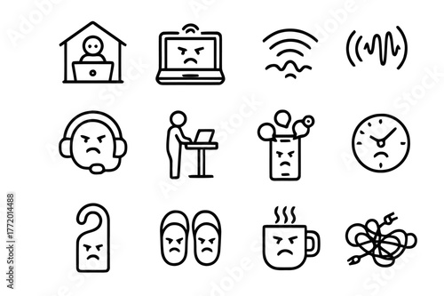 Remote Work Icons. Remote work stress. Line icon set of remote work stress: home desk, laptop camera, weak wifi, background noise waves, headset, standing