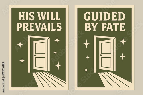 Retro Destiny Banners. Destiny. Two vertical A6 banners with safe margins, centered composition, no elements touching edges, retro, olive green and cream,