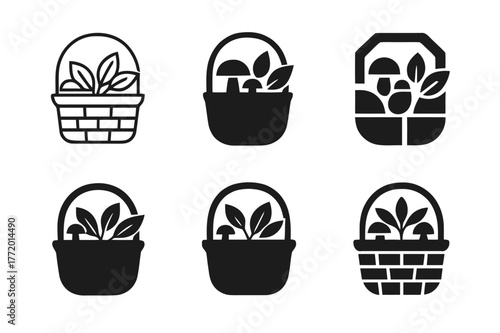 Wild Foraging Logos. Wild food foraging. Set Logo of Wild food foraging: wicker basket with leaves and mushrooms. harmonious logo variations of the same