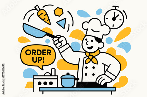 Toy Kitchen Rush. Playroom ? Toy kitchen hustle. Mini pans and geometric veggies fly in tidy arcs; a timer icon ticks above a smiling chef. Label ?ORDER UP!?