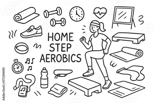 Step Aerobics Essentials. Home Step Aerobics. Hand-drawn doodle illustration Home Step Aerobics aerobic step, person exercising, dumbbells, yoga mat, water