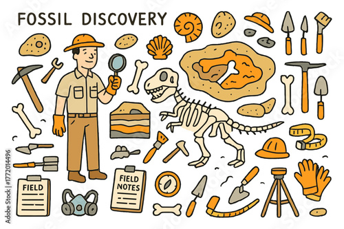 Dinosaur Fossil Excavation. Fossil discovery. Hand-drawn doodle illustration paleontologist (colored), dinosaur skeleton (colored), fossils