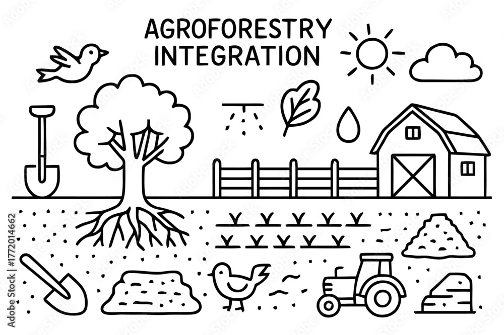 Fototapeta premium Agroforestry Doodle Illustration. Agroforestry integration. Hand-drawn doodle illustration Agroforestry integration tree, crop rows, roots, birds, sun, soil