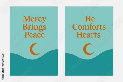 Peaceful Banner Design. Mercy & Calm. Two vertical A6 banners with safe margins, centered composition, no elements touching edges, minimal, turquoise and