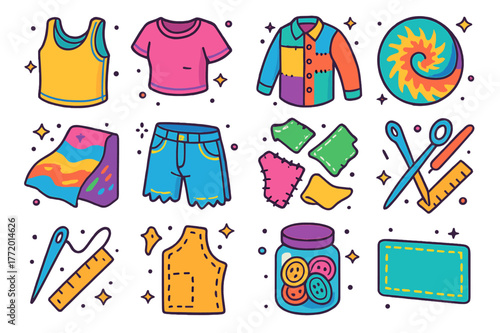 Upcycled Fashion Icons. Upcycled clothing ideas. Colorful isometric vector icons set of Upcycled clothing ideas: cut-sleeve tank top, crop tee, patchwork