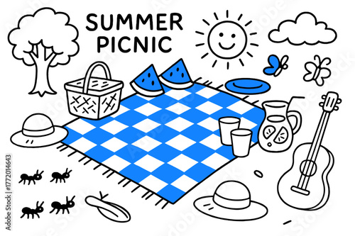 Summer Picnic Doodles. // Summer picnic. Hand-drawn doodle illustration Summer picnic [picnic blanket (accented), picnic basket, watermelon wedges (accented),