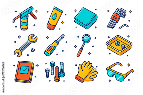 Outdoor Play Toolkit. outdoor play maintenance. Colorful isometric vector icons set of outdoor play maintenance: grease gun, lubricant tube, microfiber cloth,