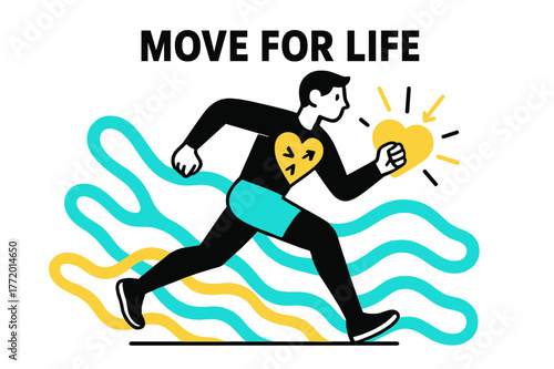 Energetic Motion Illustration. Why We Need to Exercise. A dynamic figure runs through abstract waves of energy; ?Move for Life? floats above glowing rhythm